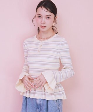 earth music&ecology ペプラムニットプルオーバー Border Yellow