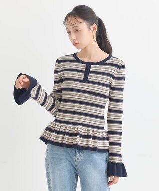 earth music&ecology ペプラムニットプルオーバー Border Navy