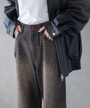  ラインストーンストレートデニムパンツ