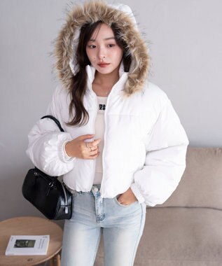 WEGO 【25年秋冬新作/SMサイズ展開】2WAYファーフードショートパファーブルゾン ホワイト