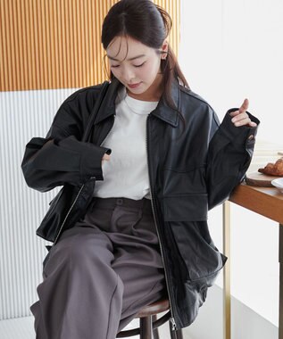 WEGO ヴィンテージライクFレザーブルゾン ブラック