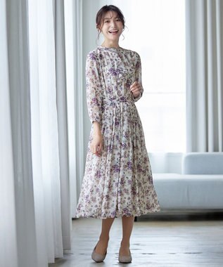 Tiaclasse L 【新色追加・洗える】花柄フリルドレープワンピース パープル