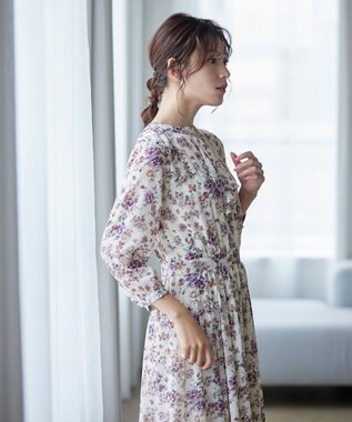 Tiaclasse 【新色追加・洗える】花柄フリルドレープワンピース パープル