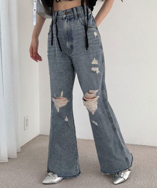 WEGO ダメージフレアデニムパンツ デニム中濃加工色