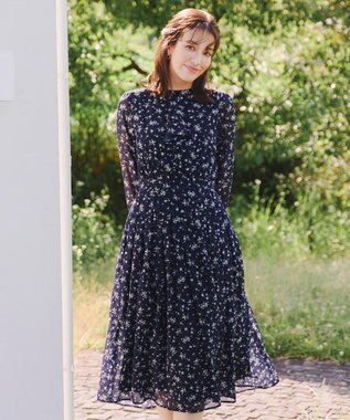 Tiaclasse L 【新色追加・洗える】花柄フリルドレープワンピース ダークネイビー