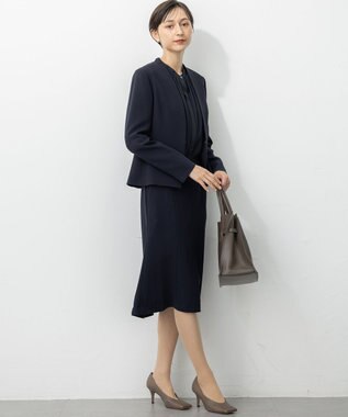 23区 【セットアップ対応/洗える】トリアセダブルジョーゼット ノーカラー ジャケット ネイビー系