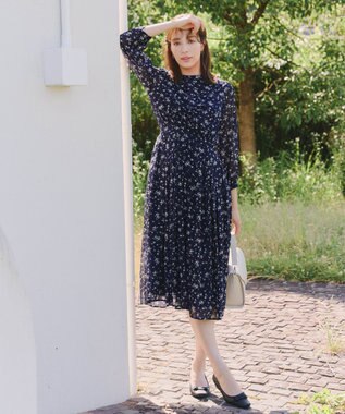 Tiaclasse 【新色追加・洗える】花柄フリルドレープワンピース ダークネイビー