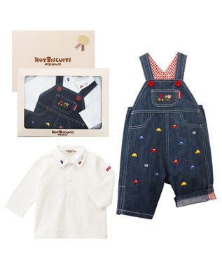 MIKI HOUSE HOT BISCUITS 【70-90cm】 くるま刺繍 オーバーオール＆ポロシャツギフトセット【BOX付き】 インディゴブルー