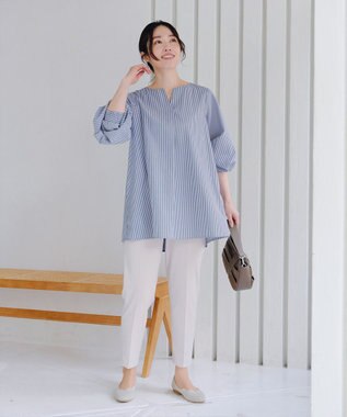 Tiaclasse 【洗える】パフスリーブチュニックブラウス ネイビーストライプ