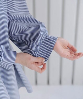 Tiaclasse 【洗える】パフスリーブチュニックブラウス ネイビーストライプ