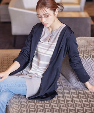 Tiaclasse L 【洗える】ポンチフードカーディガン ネイビー