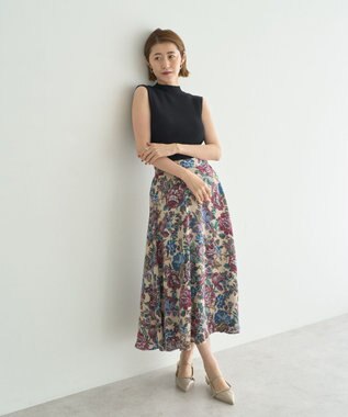 YECCA VECCA ゴブラン柄フレアスカート Beige