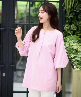 Tiaclasse 【洗える】パフスリーブチュニックブラウス ピンクストライプ