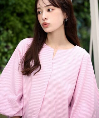 Tiaclasse 【洗える】パフスリーブチュニックブラウス ピンクストライプ