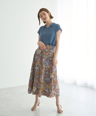 YECCA VECCA ゴブラン柄フレアスカート Camel