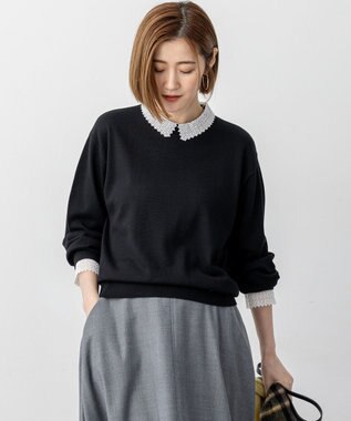 洗える】エンブロイダリー ジオメトリックレースコンビ ニット