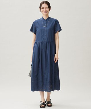 自由区 S 【カタログ掲載・接触冷感・洗える】エンブロイダリーローンシャツ ワンピース コバルトブルー