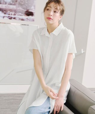 Tiaclasse 【洗える】フレンチスリーブリネンチュニックシャツ オフホワイト