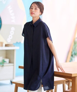 Tiaclasse 【洗える】フレンチスリーブリネンチュニックシャツ ネイビー