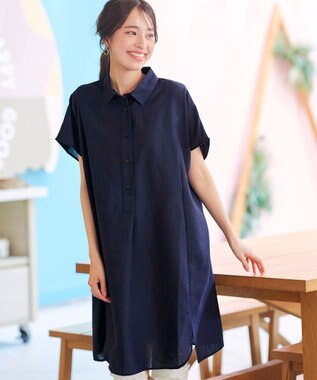 Tiaclasse 【洗える】フレンチスリーブリネンチュニックシャツ ネイビー