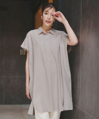 Tiaclasse 【洗える】フレンチスリーブリネンチュニックシャツ ベージュ