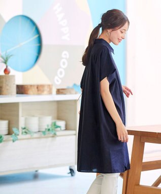 Tiaclasse 【洗える】フレンチスリーブリネンチュニックシャツ ネイビー