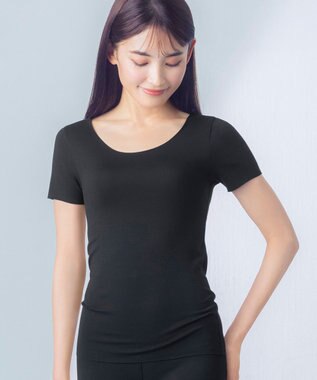 Wing あったかインナー 綿100％(肌側) アウターにひびきにくい ムレにくい 【綿の贅沢 ここちフラット】 3分袖 半袖 秋 冬 EL4372 ウイング／ワコール ブラック