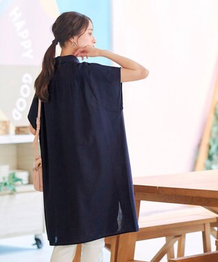 Tiaclasse 【洗える】フレンチスリーブリネンチュニックシャツ ネイビー