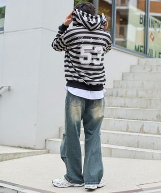 WEGO 【ユニセックスITEM/MLサイズ展開】ナンバリングカットZIPパーカー グレーボーダー