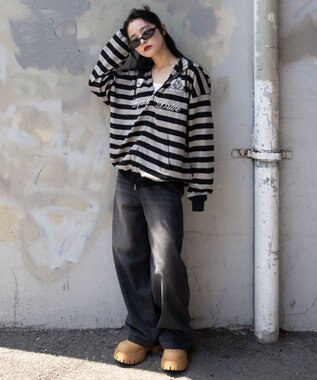 WEGO 【ユニセックスITEM/MLサイズ展開】ナンバリングカットZIPパーカー グレーボーダー