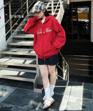 WEGO 【25年秋冬新作/ユニセックス着用ITEM/SMLサイズ展開】グラフィックロゴダブルZIPパーカー レッド