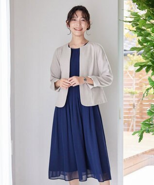 Tiaclasse L 【新色追加・洗える】麻調薄地キーネックジャケット グレージュ