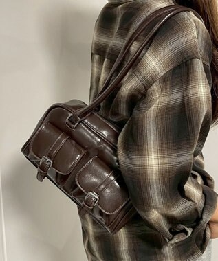 WEGO ベルト2ポケットデザインボストンバッグ ブラウン