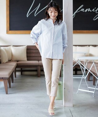 Tiaclasse 【洗える】ドロストギャザー袖シャツチュニック ネイビーストライプ