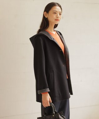 J.PRESS LADIES L ウールナイロンリバーチェック フード付き コート ネイビー×チェック系