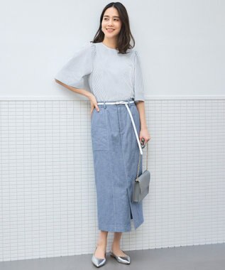 自由区 【洗える】コットンリネンシャンブレー スカート ライトブルー系