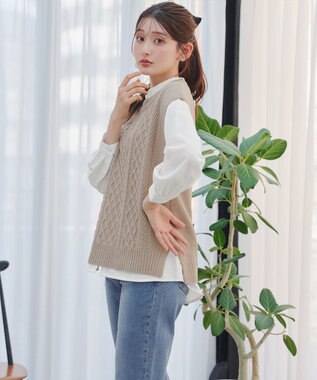 Tiaclasse 【2点セット】ニットベスト＋起毛シャツ ベージュ