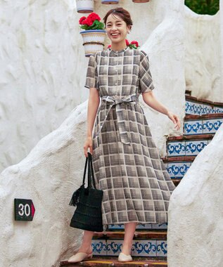 Tiaclasse 【新色追加・洗える】チェック柄フレア袖シアーワンピース ベージュ