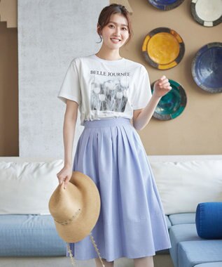 Tiaclasse 【新色追加・選べる丈】麻調タックフレアスカート 膝丈サックス