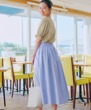 Tiaclasse 【新色追加・選べる丈】麻調タックフレアスカート ミモレ丈サックス