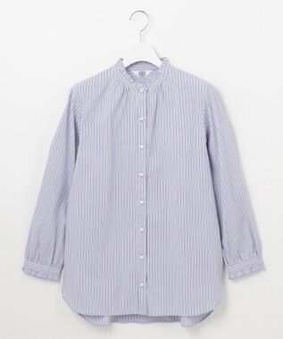 J.PRESS LADIES L 【洗える】BEZ ストライプ フリルネック ブラウス サックスブルー系1