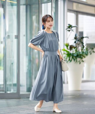 Tiaclasse 【洗える】麻調ギャザーワンピース ブルー