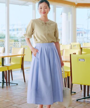 Tiaclasse 【新色追加・選べる丈】麻調タックフレアスカート ミモレ丈サックス