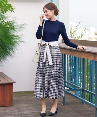 Tiaclasse 【洗える】千鳥柄ニットプリーツワンピース ネイビー