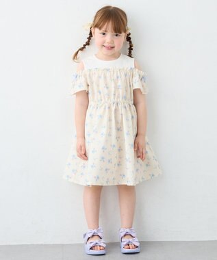 ANY KIDS 【洗濯機可能】オンオフショルダーワンピース エクリュ×花柄