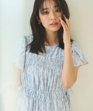 Feroux 【洗える】フラワープリントドロスト ワンピース スカイブルー系3