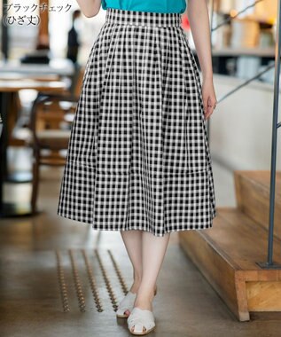 Tiaclasse 【新色追加・選べる丈】麻調タックフレアスカート 膝丈ブラックチェック