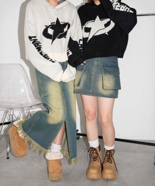 WEGO スタージャガードニットプルパーカー ホワイトアイボリー