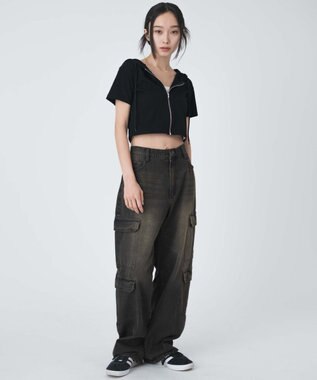 WEGO ヴィンテージウォッシュデニムカーブカーゴパンツ ブラック