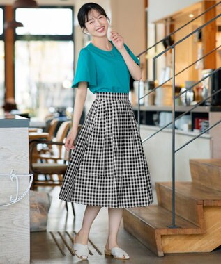 Tiaclasse 【新色追加・選べる丈】麻調タックフレアスカート 膝丈ブラックチェック